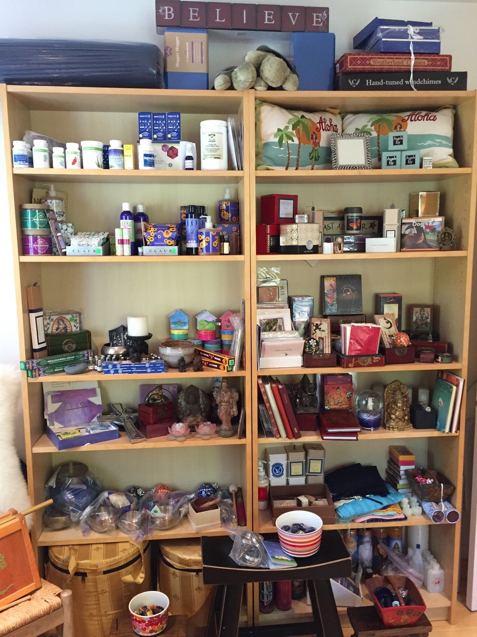 Wellness products and gifts displayed on shelves at The Soul Center Yoga